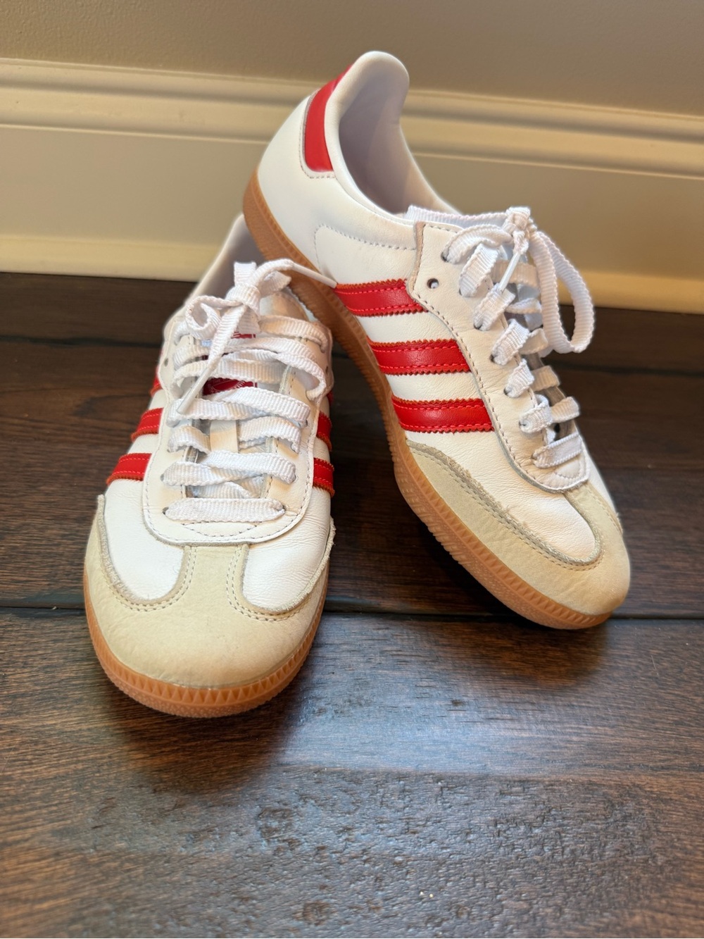 adidas Samba Leather Sneaker in White & Red with Gum Sole - Picture 2 of 6